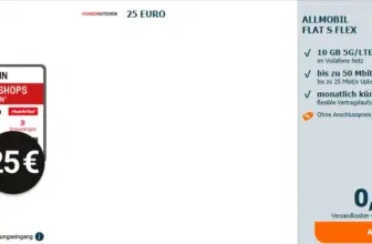 Allmobil 10GB 5G im Vodafone-Netz für 4,99€ mtl. + 25€ Wunschgutschein – bis zu 5 Monate gratis testen