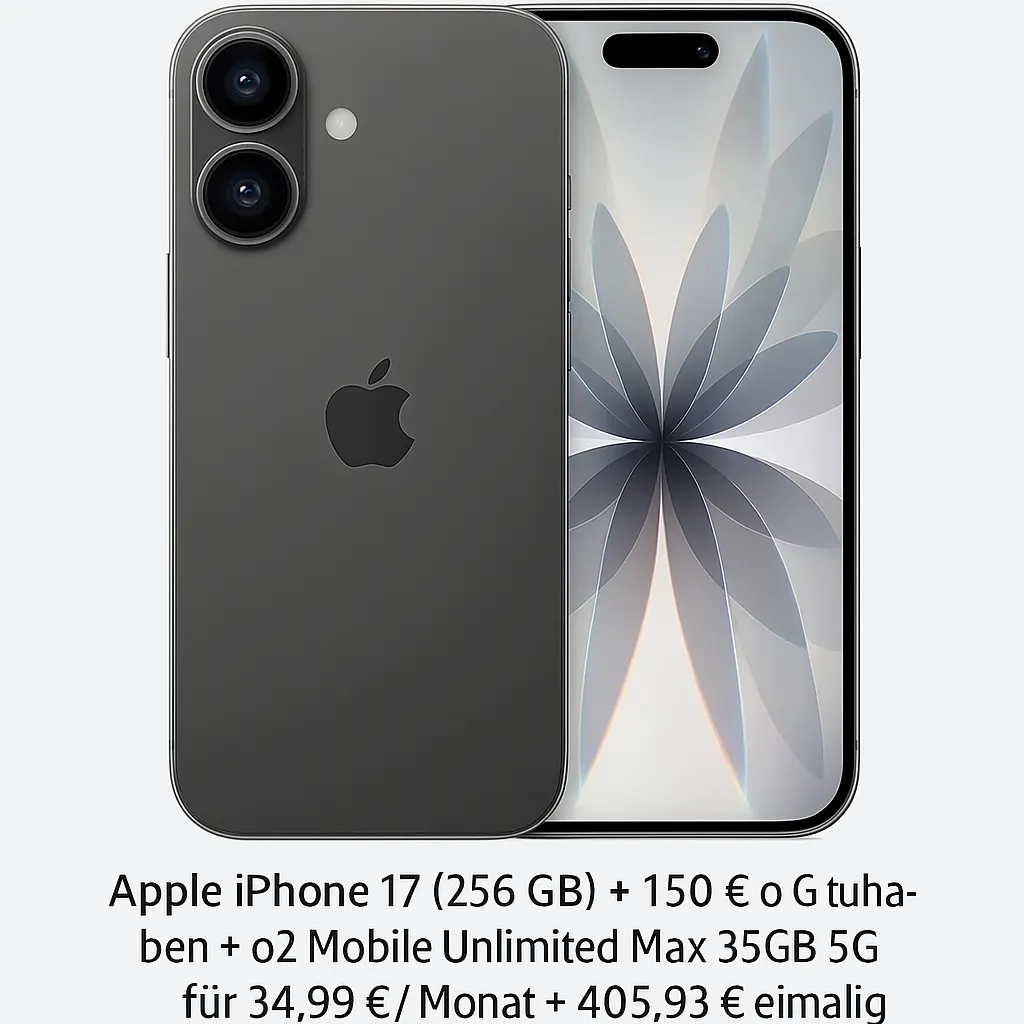 MediaMarkt Tarifwelt: Apple iPhone 17 (256 GB) + 150 € o2 Guthaben + o2 Mobile Unlimited Max 35GB 5G für 34,99 € / Monat + 405,93 € einmalig