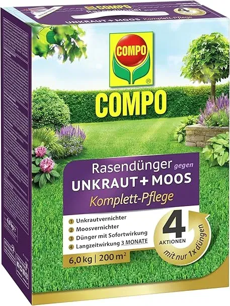 COMPO Rasendünger gegen Unkraut + Moos Komplett-Pflege (6 kg für 200m²) für 24,30 € inkl. Prime-Versand