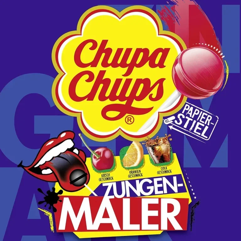Chupa Chups Zungenmaler Verpackung mit Kirsch, Orange und Cola Geschmack