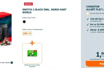 Logitel: Nintendo Switch 2 Black inkl. Mario Kart World (128 GB) + Nintendo 25 Euro eShop Gutschein + Congstar Allnet-flat L Mit Gb+ 150 GB 5G für 29,00 € / Monat + 16,00 € einmalig