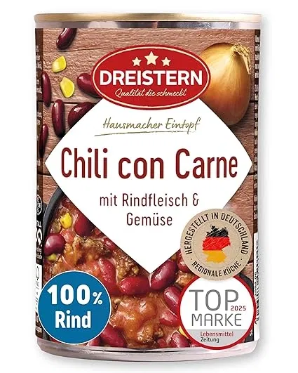DREISTERN Chili con Carne I Mit Rindfleisch & Gemüse I High-Protein-Eintopf mit hochwertigen Nährwerten (400g) ab 1,89 € inkl. Prime-Versand (statt 2,50 €)