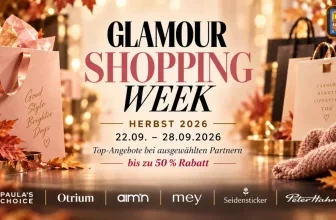 Glamour Shopping Week Herbst 2026 Banner mit Einkaufstüten, Herbstlaub und Partnerlogos