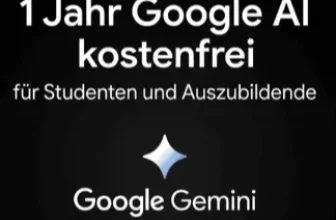 Schriftzug '1 Jahr Google AI kostenfrei' und Logo von Google Gemini auf schwarzem Hintergrund