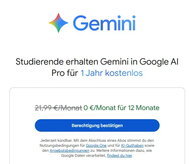 Gratis: 1 Jahr Google AI Pro mit Gemini Pro inkl. 2TB Cloud-Speicher für Studis & Azubis (Wert 263,88 €)