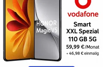 Sparhandy: HONOR Magic V5 (512 GB) + Vodafone Smart XXL Spezial 110 GB 5G für 59,99 € / Monat + 46,98 € einmalig