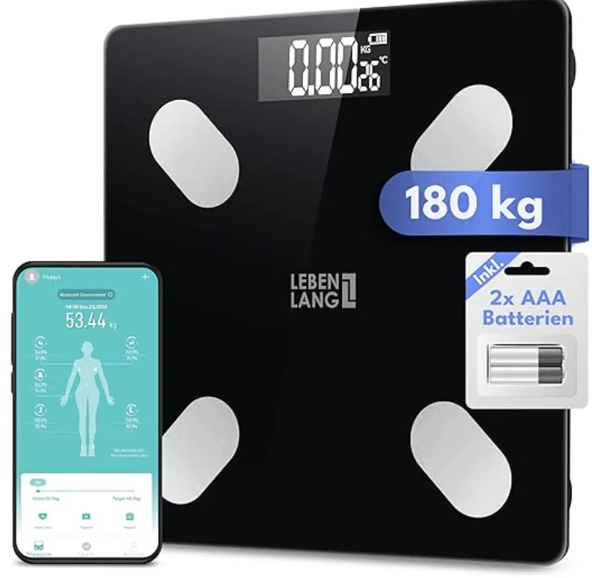LEBENLANG Körperwaage Personenwaage digital – Bis 180 Kg (mit App) für 10,99 € inkl. Prime-Versand (statt 17,00 €)