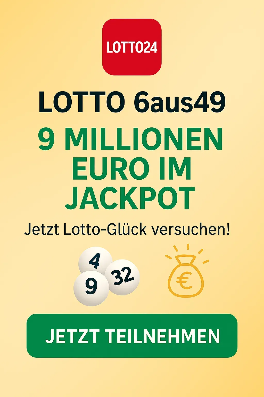 Lotto24 Neukunden: 3 Felder Lotto 6aus49 für 1 € (statt 4,70 €) | aktuell 9 Millionen Euro im Jackpot