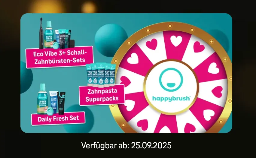 happybrush Zahn(Glücks)rad in der Telekom App – Gewinnt Premium-Zahnpflege ohne Nieten ab 25.09.2025