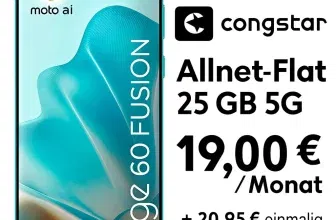 Gomibo: Motorola Edge 60 Fusion (256 GB) + congstar Allnet-Flat 25 GB 5G für 19,00 € / Monat + 20,95 € einmalig