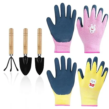 Mulaibdin 2 Paar Kinder Arbeitshandschuhe Kinder + Gartenwerkzeug Set (7 Farbkombinationen) für 3,49 € inkl. Prime-Versand (statt 7,00 €)