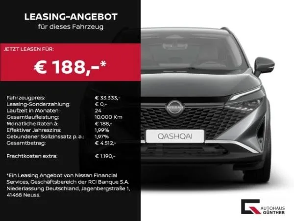 Nissan Qashqai N-CONNECTA mit 190 PS für 188,00 € / Monat + 1.190,00 € einmalig – LF 0,42 (Privat- und Gewerbekunden)