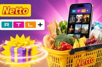 Person nutzt beim Einkauf im Supermarkt eine Shopping-App und erhält als Bonus kostenloses Streaming nach dem Einkauf.