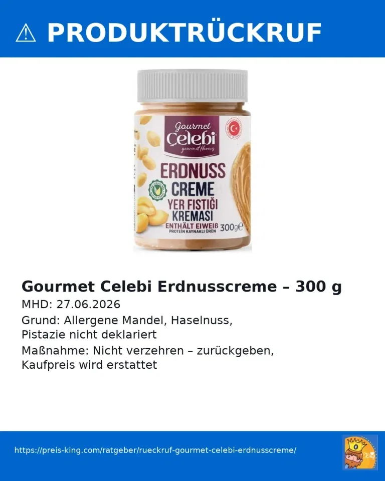 Rückruf Gourmet Celebi Erdnusscreme 300 g – fehlende Allergenkennzeichnung