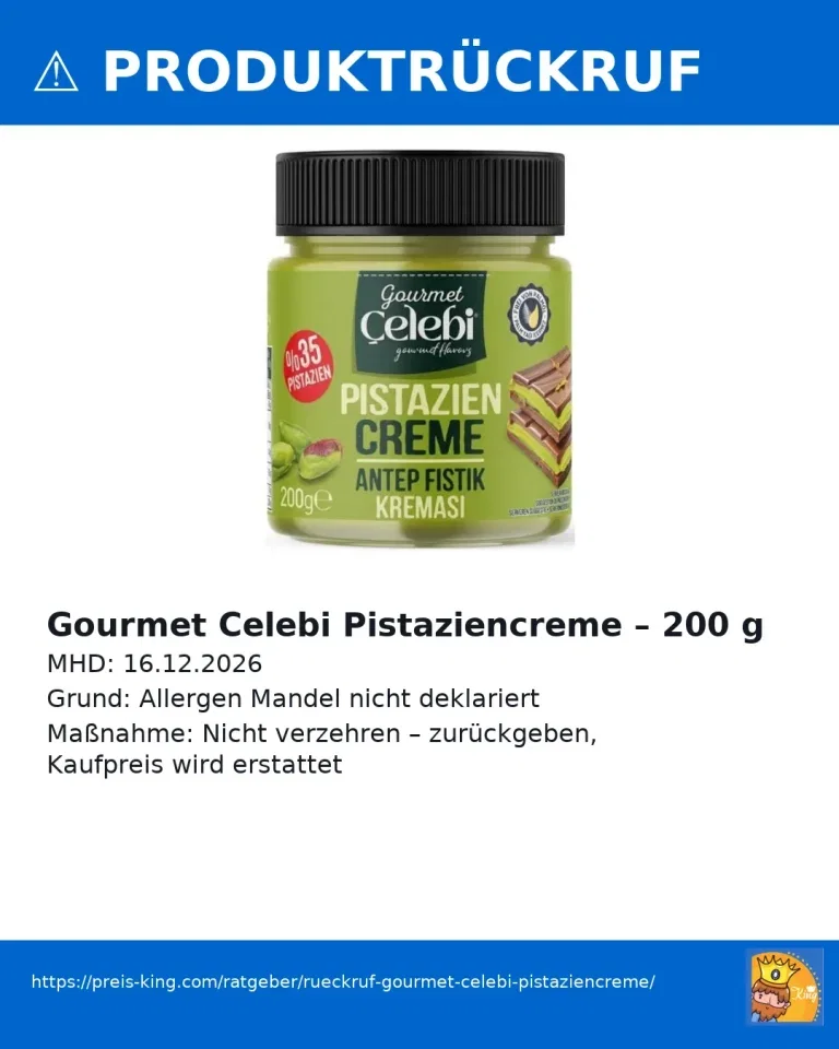 Rückruf Gourmet Celebi Pistaziencreme 200 g wegen fehlender Allergenkennzeichnung