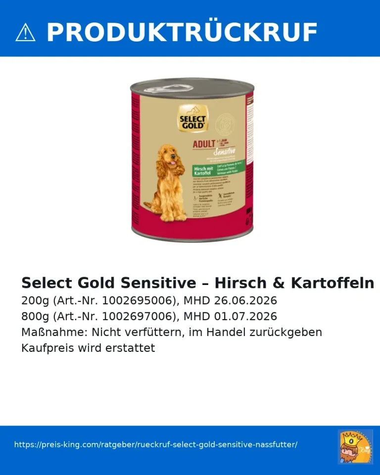 Rückruf Select Gold Sensitive Nassfutter „Hirsch mit Kartoffeln“