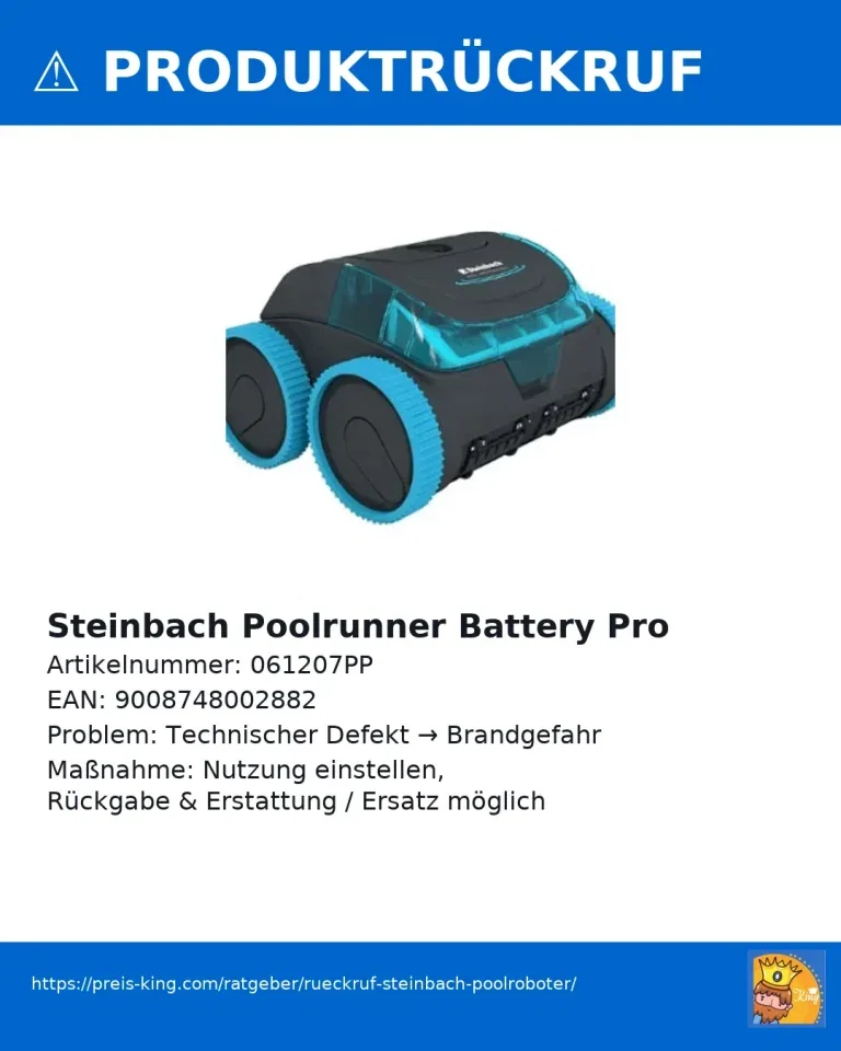 Rückruf Steinbach Poolroboter „Poolrunner Battery Pro Performance“ wegen Brandgefahr zurück