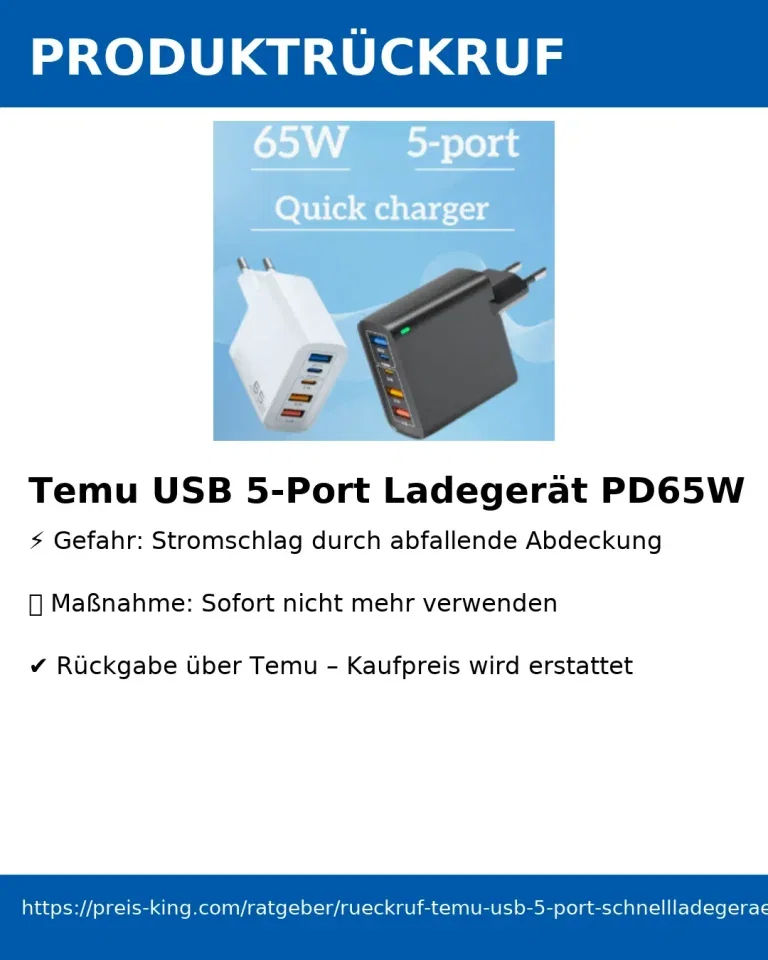 Rückruf Stromschlaggefahr bei Temu-USB-5-Port Schnellladegerät (PD65W)