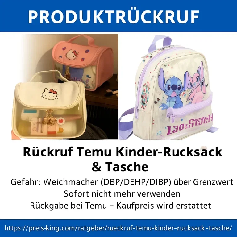 Rückruf Temu Kinder-Rucksack und Tasche wegen Schadstoffen