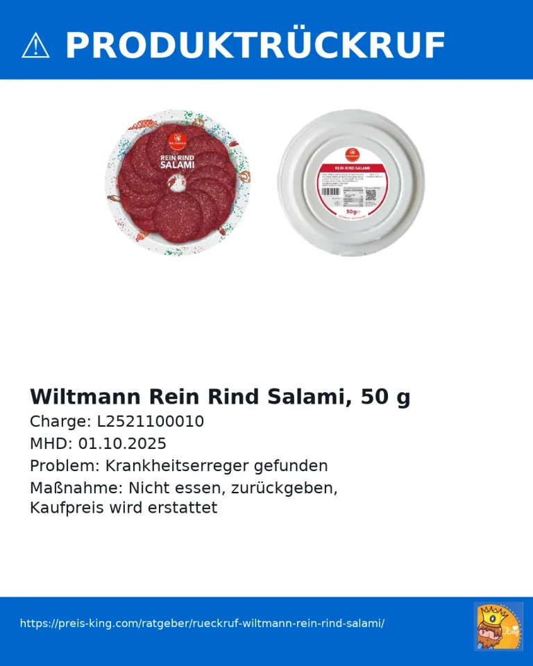 Rückruf Wiltmann Rein Rind Salami 50 g – Krankheitserreger gefunden!