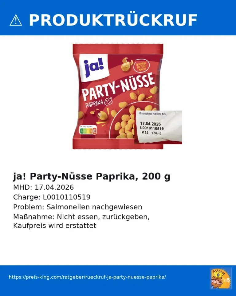 Rückruf ja! Party-Nüsse Paprika (200 g) – Salmonellen nachgewiesen