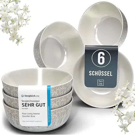 Steingut Müslischalen Ibiza 6 Personen (5 Farben, Gr. Becher (6x) bis Servierschüssel groß) für 19,95 € inkl. Prime-Versand