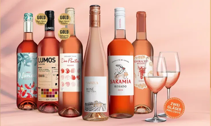 Vinos Rosado Paket (6 spanische Rosé-Weine + 2 Schott Zwiesel Gläser) für 25,99 € inkl. Versand (statt 55,65 €)