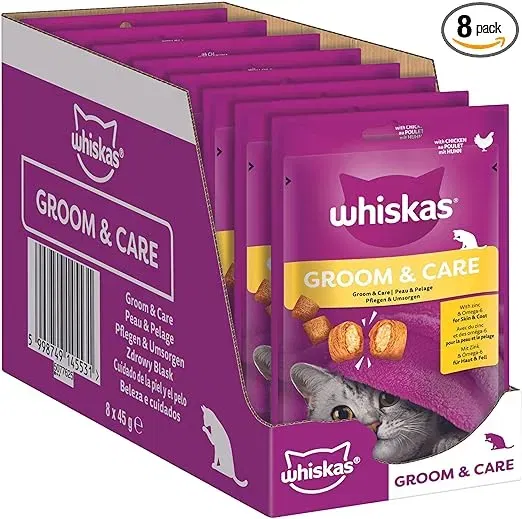 Schnäppchen, Deals und Rabattcodes des Tages - Whiskas Groom & Care Katzensnacks im Portionsbeutel für ausgewachsene Katzen mit Huhn 8er Pack