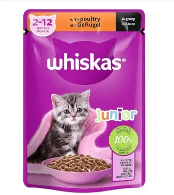 Whiskas Junior Katzenfutter Geflügel in Sauce (28 x 85 g,  für Katzen für 2 bis 12 Monaten) ab 14,87 € inkl. Prime-Versand (statt 19,32 €)
