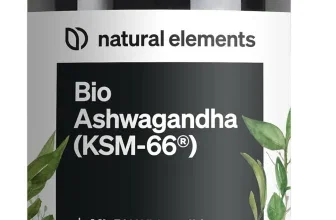 Schwarzes Nahrungsergänzungsmittel-Fläschchen von natural elements mit Bio Ashwagandha KSM-66 und Kapseln