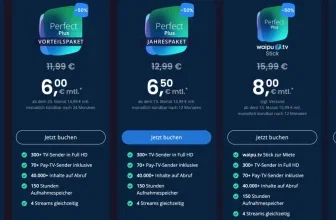 Übersicht der waipu.tv Pakete mit Preisen und 50% Rabatt-Aktion