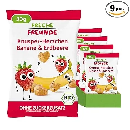 FRECHE FREUNDE Bio Knusper Herzchen (9 x 30 g  mit Bananen und Erdbeerpulver) für 7,24 € inkl. Prime-Versand (statt 10,35 €)
