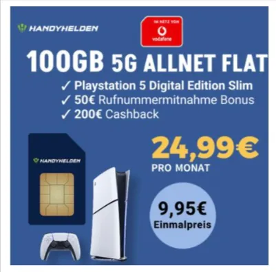 🔥Playstation 5 Slim Digital Edition mit klarmobil Vodafone Allnet Flat (100 GB) für 24,99€ mtl. + 200€ Cashback + 50€ Wechselbonus