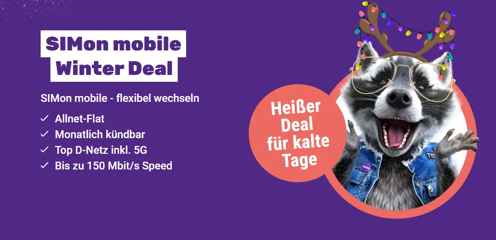 SIMon mobile 🦝 mobile Winter Deal: 70 GB+ 2GB D-Netz-Tarif für 9,99 € mit 5G – monatlich kündbar