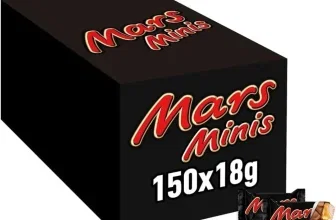 Schwarze Box mit 150 Mars Minis Riegeln, rote Schrift und Abbildung eines Riegels