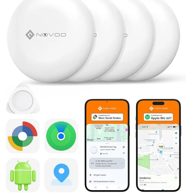NOVOO Air Tag Schlüsselfinder Smart Tracker 4er Pack (Kompatibel mit Apple iOS & Android) für 14,39 € inkl. Prime-Versand