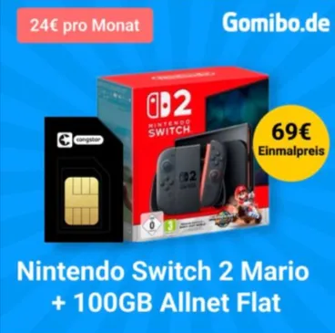 Nintendo Switch 2 (69€) + congstar (Telekom) Allnet und SMS-Flat mit 100 GB 5G/LTE für 24€ mtl. + 10€ Wechselbonus!