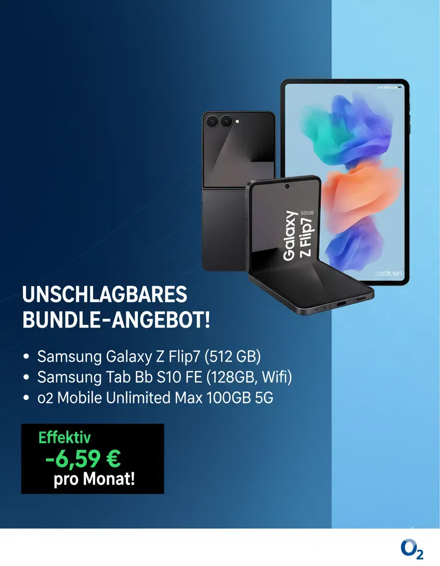 MediaMarkt Tarifwelt: Samsung Galaxy Z Flip7 (512 GB) + Galaxy Tab S10 FE (128GB, Wifi) + o2 Mobile Unlimited Max 100GB 5G für 39,99 € / Monat + 205,93 € einmalig