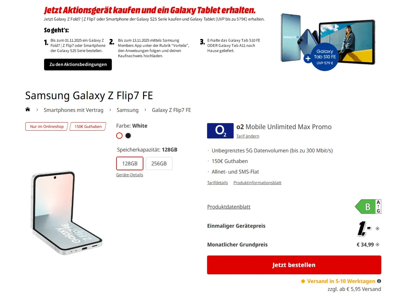 Galaxy Z Flip7 FE 128GB (1€) + o2 Allnet & SMS Flat mit unbegrenzt 5G für 34,99€ mtl. + Galaxy Tab S10 FE + 150€ Guthaben!