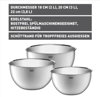 Silit Küchenschüssel-Set (stapelbar 3-teilig, Edelstahl) für 19,99 € inkl. Prime-Versand (statt 33,00 €)