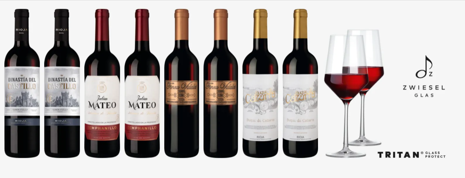 Weinpaket Spanischer Tempranillo (8 Flaschen + 2 Zwiesel Gläser) für 39,90 € inkl. Versand (statt 89,66 €)