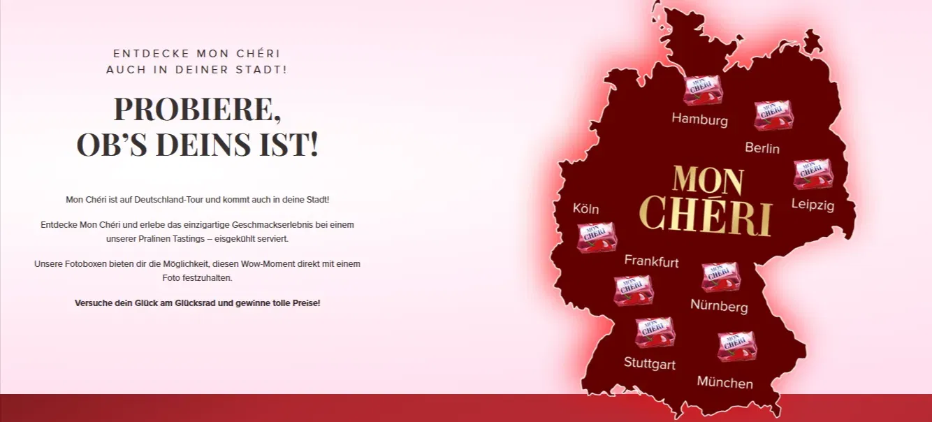 Mon Chéri Roadshow 2025 – mit kostenlosen Pralinen, Glücksrad und Fotobox in acht Städten