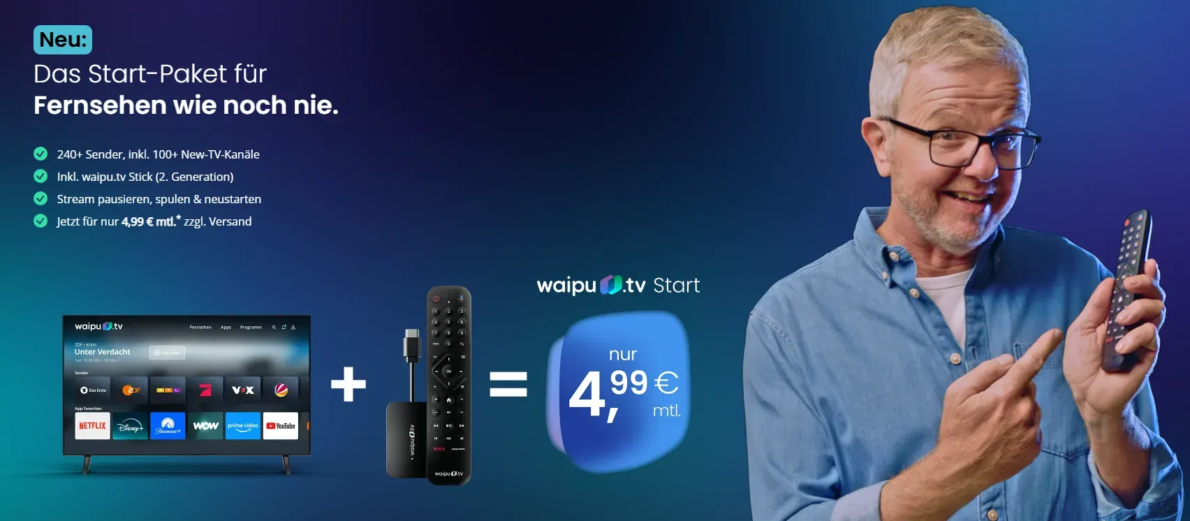 waipu tv Start Jahrespaket mit neuem Stick (2. Gen) für nur 4,99 € / Monat