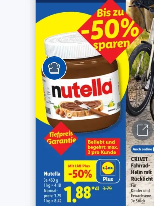 Nutella (450g) zum Tiefstpreis bei LIDL für 1,88 € (4,18 pro Kilo)