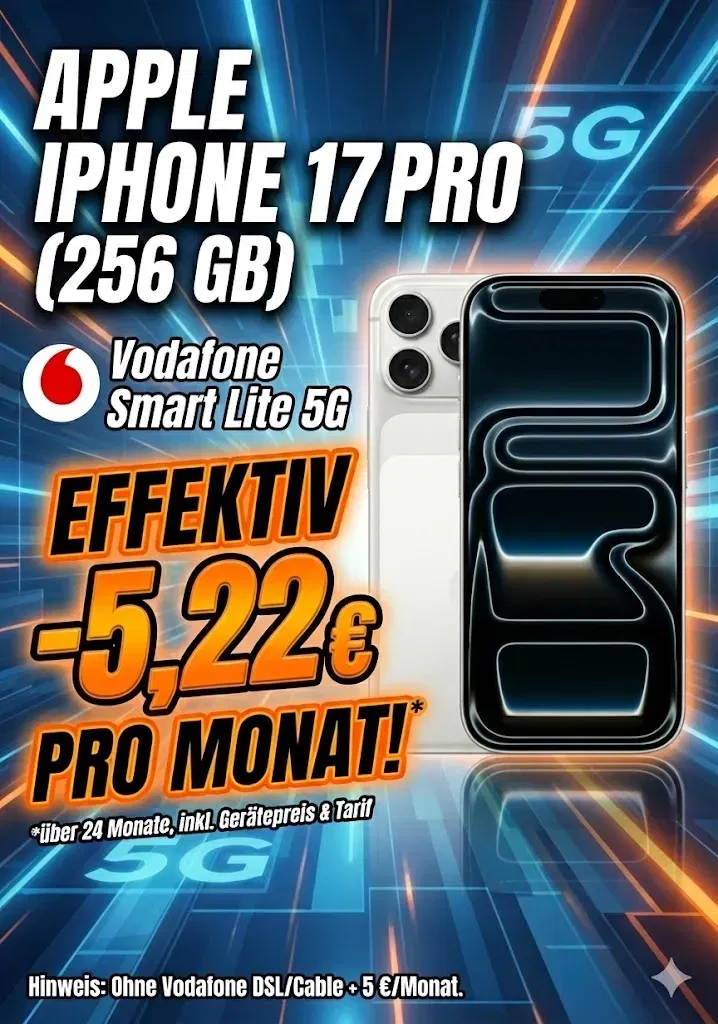 Logitel: Apple iPhone 17 Pro (256 GB) + Vodafone Smart Lite 5G ab 29,99 € / Monat + 503,99 € einmalig