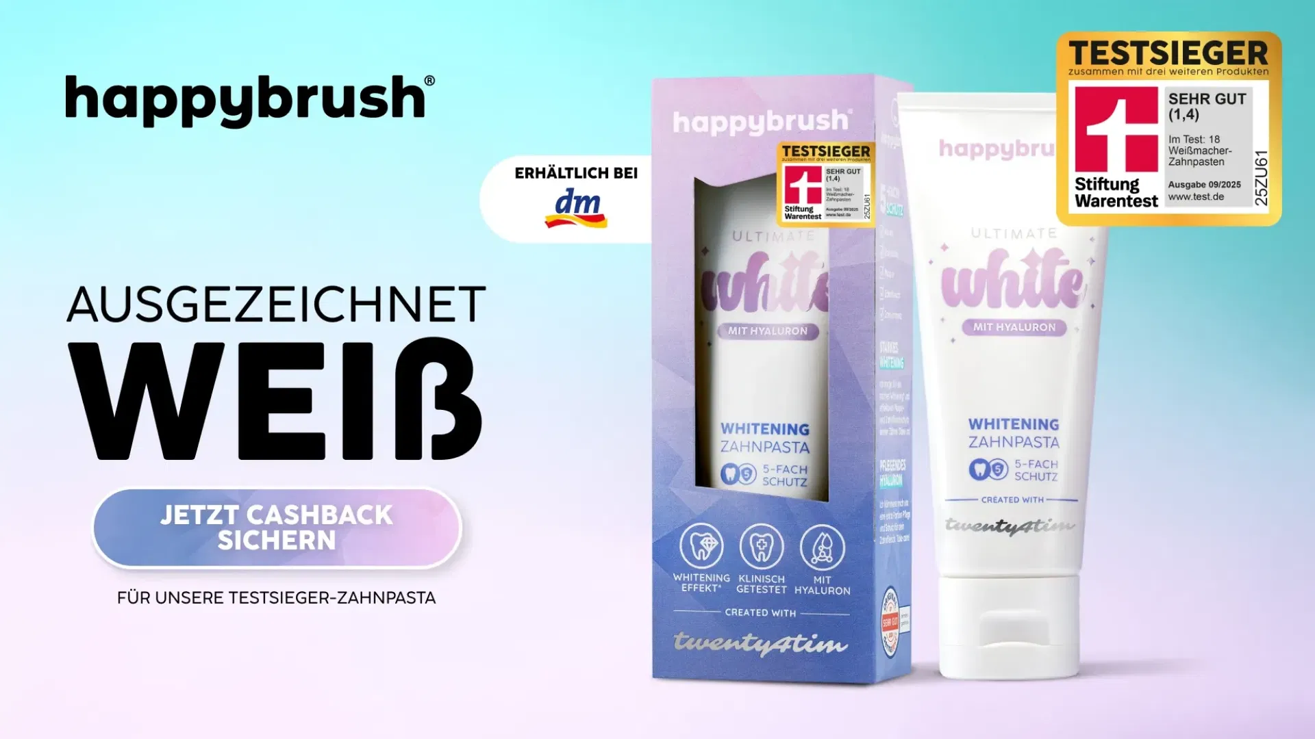 marktguru: 1,00 € Cashback auf happybrush Ultimate White Whitening Zahnpasta (nur bei dm, effektiv also 2,25 € statt 3,25 €)