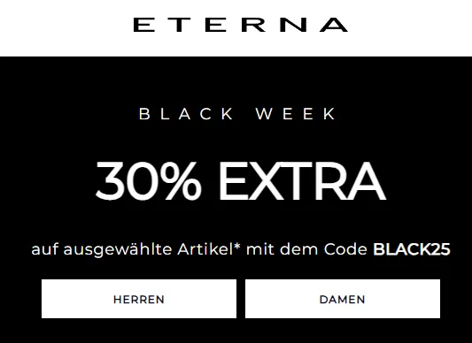 ETERNA Black Week 2025: 30% Rabatt auf Hemden, Blusen und Krawatten sichern