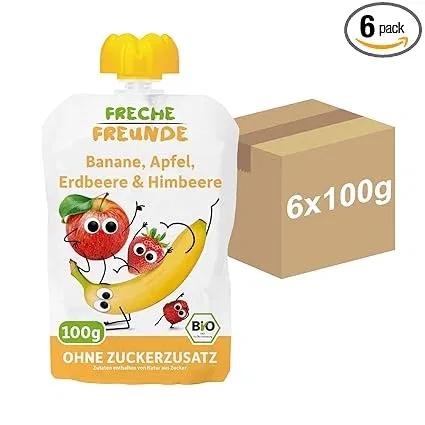 FRECHE FREUNDE Bio Quetschie Banane Apfel Erdbeere Himbeere Fruchtmus mit Obst im Quetschbeutel fuer Babys ab dem 6. Monat vegan 6er Pack