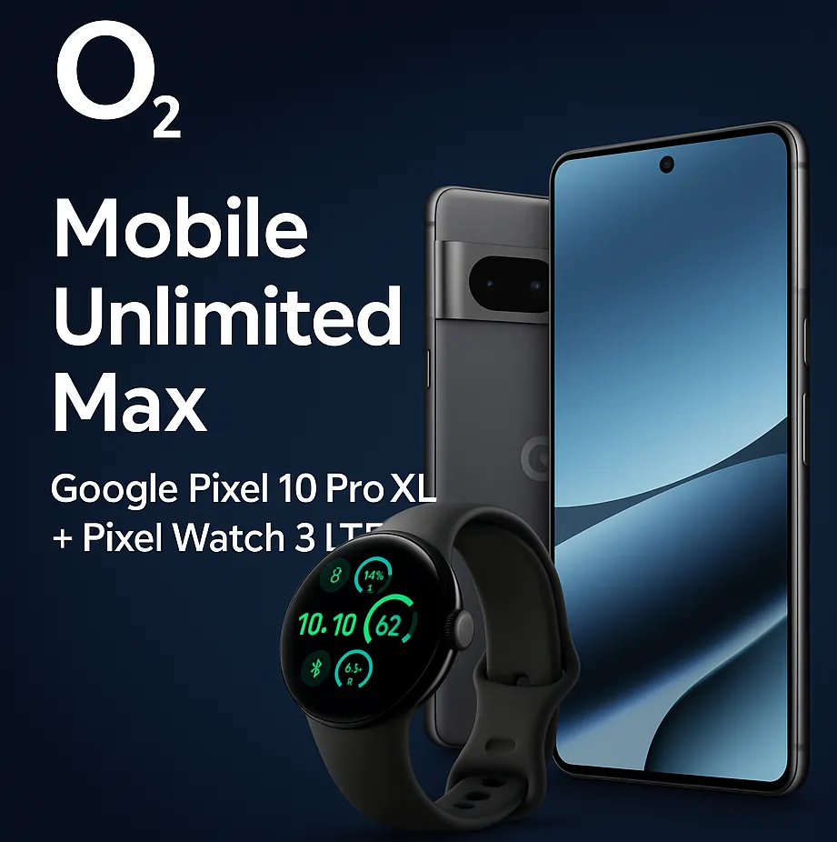 Google Pixel 10 Pro XL + Pixel Watch 3 LTE + Unbegrenztes 5G Datenvolumen (bis zu 300 Mbit/s) | O₂  für 39,99€ mtl.