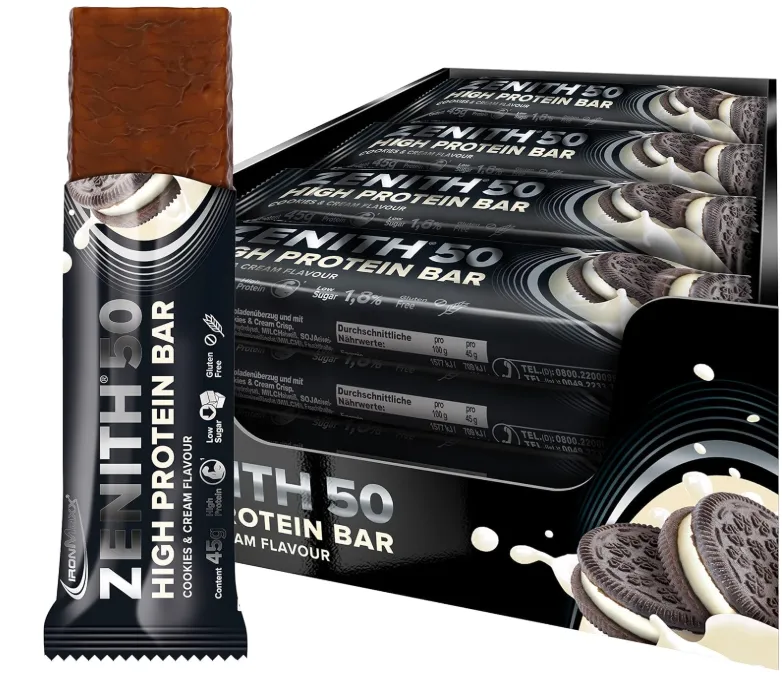 Schnäppchen, Deals und Rabattcodes des Tages - IronMaxx Zenith 50 High Protein Bar Cookies Cream 16x45g Eiweissriegel mit 50% Protein Low Sugar Snack mit cremiger Umhüllung